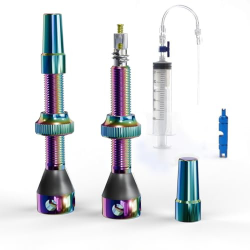 Shredr. Tubeless Ventile Set, Rainbow | Komplettes Set inkl. Tubeless Spritze | Superleicht Alu, Oil Slick eloxiert - schillernd, französisches Ventil Presta, 44mm für MTB-Felgen