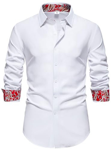 MakingDa Mens Dress Shirts Long Sleeve Inner Contrast Casual Formal Shirt Button Down Regular Fit Business Wedding Party Work Shirt Spread Collar Contrast Colour Non Iron Dress Shirts for Men White S