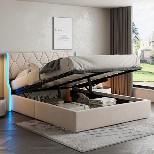 Generisch Polsterbett, 140x200 mit Unterbett Stauraum,LED-Kopfteil ,Stauraumbetten Funktionsbett ,Bettgestell mit Lattenrost, Jugendbett,Stabiler Bettrahmen Stoffbett ,Ohne Matratze,Leinen Beige