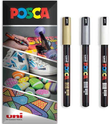 Posca - Water Based Permanent Marker Paint Pen - Multi Surface Use - PC-1MR - Pack of 3 Pens in Wallet (Gold, White, Silver)