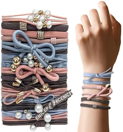 LUFFLOK 25 Stück Boho Haargummis Armband, Schadharmfreie Weiche Pferdeschwanzhalter mit Perlen, Haarschmuck für Damen und Mädchen, Scrunchies Haargummi mit Perlen, Mädchen Haarschmuck (25 Pcs)