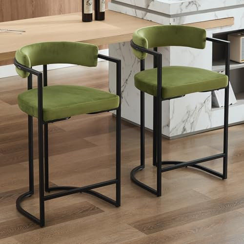 Ya-Home 2X Taburetes Altos de Cocina Modernos Sillas Bar de Terciopelo con Respaldo,Taburetes Altos de Mostrador con Patas Metálicas para Isla de Cocina/Restaurante,Verde