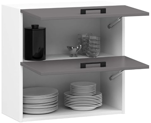 BDW - Küchenschrank Hängend - Oberschrank Küche - Weiß/Grau - 60x30x58cm, mit 2 x Klapptür und Griff - Küchenschränke Einzeln, Wandschrank, Küchenhängeschrank - OLIWIA G2 1 STK