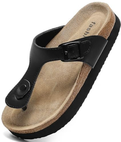 Foinledr Leather Flip Flops Women Soft Cork Footbed Sandals Platform Slides Thong Open Toe Slides Sandals Women Dressy Shoes for Walking Beach Indoor