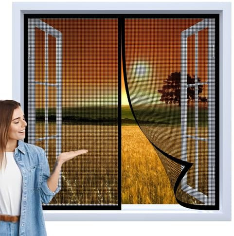 Faltbarer Fliegengitter für Fenster, Der Magnetvorhang Ist Ideal für Die BalkontüR, Klebemontage Ohne Bohren，Einfach mit Schwerkraft Sticks Zu VerschließEn, 155x145cm, Schwarz