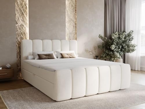 GRAINGOLD Cloud Bett 160x200, Boxspringbett mit Bettkasten, Polsterbett mit Bonell-Matratze, Samt Stoff, mit Topper, mit Kopfteil (Beige, 160x200)