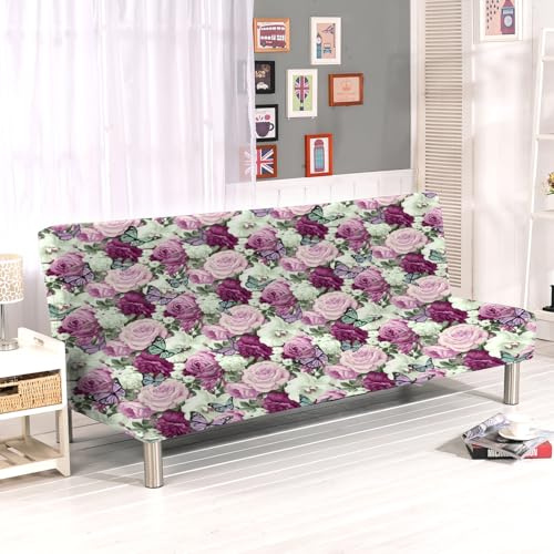 Sofa-Schonbezug ohne Armlehnen, Polyester, Spandex, Stretch-Futon-Schonbezug, 3-Sitzer, elastisch, vollständig zusammenklappbar, für Klappsofa, ohne Armlehnen, 203,2 x 127 cm (Schmetterling-Blume)