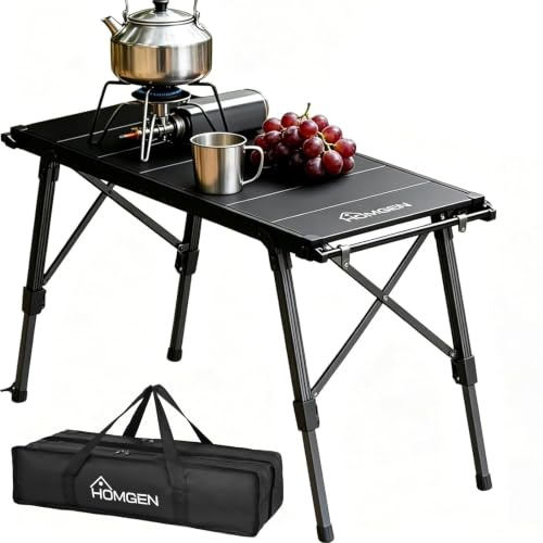 HOMGEN Mesa Camping Plegable IGT 3.5 Unidades Mesa Cocina Exterior Ajustable en Altura 38 a 55 cm Mesa Portátil Aluminio Ligera con Barras Laterales Mesa Picnic Barbacoa Car Camping Modular