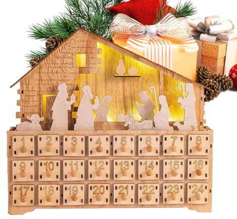 Weihnachtskrippen-Haus-Box, Advents-Holzdekoration, LED-beleuchtete Schublade, Countdown-Kalender, für, Mädchen, Erwachsene, Innenbereich, Urlaub, Schreibtisch, Zuhause