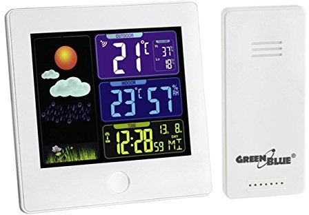GreenBlue GB521W Funk Wetterstation mit Außensensor Kalender Hygrometer Thermometer DCF Uhr Wecker Batterie und Netzbetrieb Weiß