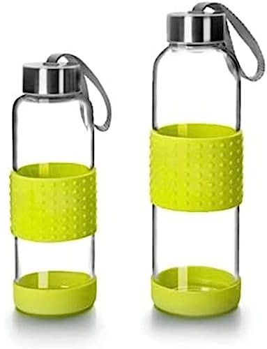 IBILI - Botella de vidrio sky 360 ml verde, Borosilicato, Reutilizable, protector anti-golpes