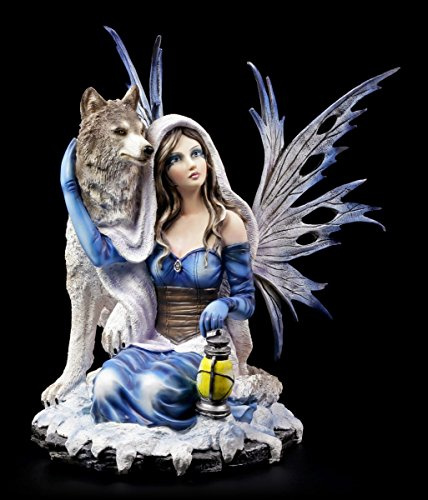 Elfen Figur kniet bei Wolf - Feen Wölfe Deko Fantasy Elfenfigur Winter