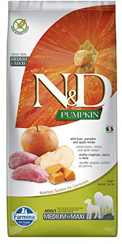 Farmina N&D Pumpkin Adult Medium Pellets Hundefutter (Trockenfutter, mit hochwertigen Vitaminen und natürliche Antioxidantien, ohne Mais, Zutaten: Wildschwein und Apfel, Portionsgröße: 12 kg)