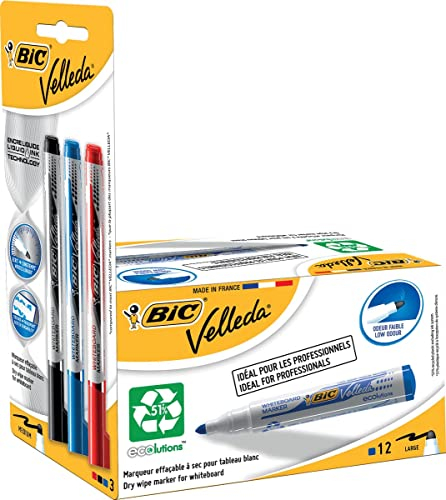 BIC Velleda 942235 – Pack di 12 pennarelli per lavagna bianca e 3 colorazioni di inchiostro, colore: blu