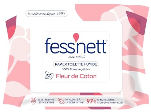 Fess Nett - Papier Toilette Humide Fleur de Coton x50 - Formule testée dermatologiquement 0% parabène 0% phenoxyethanol - Pour Peaux Normales à Sensibles