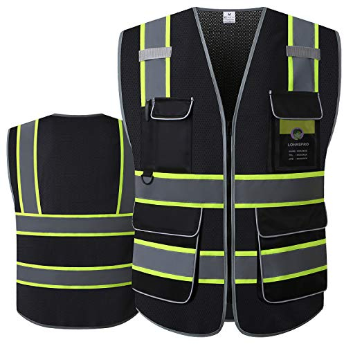 LOHASPRO Warnweste für Herren, reflektierende Sicherheitsweste mit Taschen, Klasse 2, Bauarbeitsweste, Reißverschluss vorne, schwarz, Sicherheitsweste entspricht ANSI/ISEA-Standards (Größe M, Schwarz