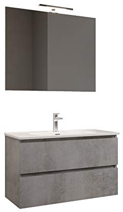 MaMa Store Atena Mobile sospeso con lavabo, specchio e lampada LED, Laminato, Grigio Cemento, L. 81 X P. 47 X H. 53 CM