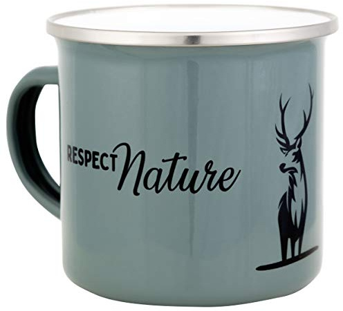 MUGSY Emaille Tasse, Outdoor-Motiv, 300ml, olivgrün, bruchfest & leicht, Retro Becher