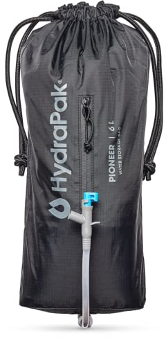 Hydrapak Pioneer - Sistema plegable de almacenamiento y dispensación de agua (6 L o 10 L), sin BPA ni PVC, bolsa de hidratación para camping, depósito y manga, color negro
