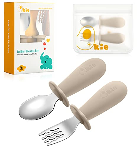 Qkie Couverts pour Enfants - Avec sac de Rangement - Fourchette et Cuillère pour Bébé en Acier Inoxydable - Poignées en Silicone pour Bébé Toutpetit Autoalimentation, Sans BPA, 8 Mois+(Nude)
