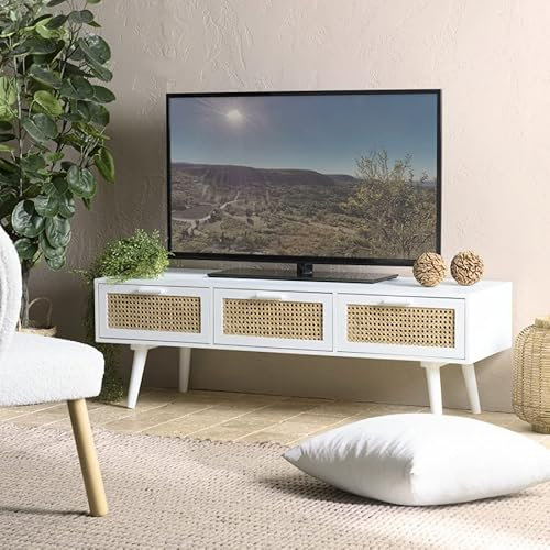 MACABANE Sandro - Meuble TV Blanc 3 tiroirs cannage Naturel