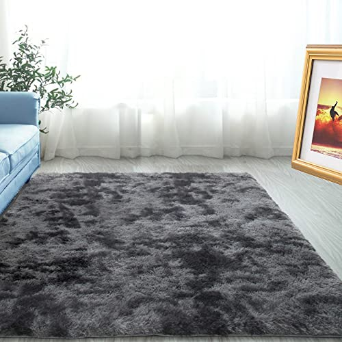 ABWXN Hochflor Teppich Flauschig 90x150 cm Flauschiger Teppich für Wohnzimmer, Modern Langflor Shaggy Bettvorleger für Schlafzimmer- Dunkelgrau