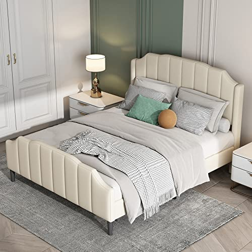 Polsterbett 140 x 200 cm,Doppelbett Bettrahmen mit Kopfteil, Fußteil und Lattenrost Beige Samt gepolstertes Jugendbett Gästebett (Beige)