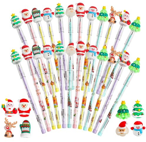 KIMOBER 24 x Weihnachts-Bleistifte, stapelbar, mit Weihnachtsmann, Weihnachtsbaum, Schneemann, Elch für Kinder, Weihnachtsgeschenktütenfüller