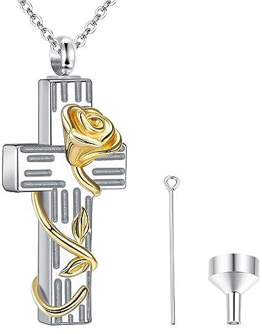 Dochais Kreuz Urnenkette für Ashes Edelstahl Silber Asche Urne Anhänger Cremation Halskette mit Rose Blume Memory Schmuck Trichter füllen Kit Mensch Tierurnen für Hunde