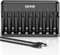 Dlyfull 8 Bay AA AAA Battery Charger with USB-C Port and Independent Slot, Rechargeable Battery Charger for 1.2V Ni-MH/CD Batteries, Cable Included