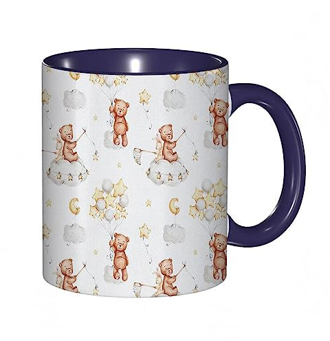 RFSHOP Tazza da caffè con orsetto in stile cartone animato ad acquerello, grazioso coniglietto, nuvola, palloncino, stampa bianca calda, 325 ml, tazza da tè in ceramica con manico, per casa, ufficio,