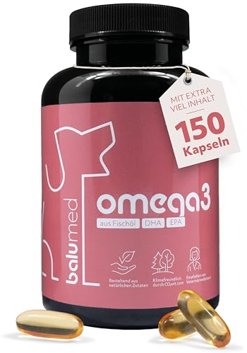 balumed® Omega 3 Kapseln für Hunde – 150 Kapseln à 1.000 mg – hochdosiert – Unterstützung für Gehirn, Haut & Herz – Anti-Aging – 30 % DHA & EPA