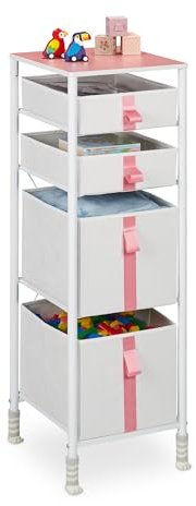 Relaxdays Meuble de Rangement pour Enfants, 4 tiroirs, Commode, env. 109,5 x 36 x 40,5 cm, Tissu et métal, Blanc/Rose