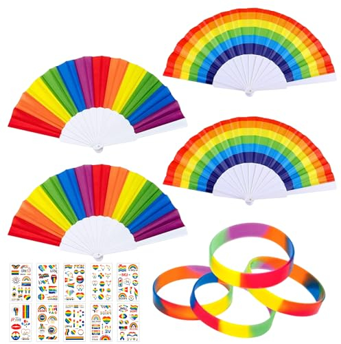 JOKILY 18 Stück Regenbogen Fächer Set, Regenbogen Faltfächer mit Armband Temporäre Tattoo, Regenbogenfarbene Gummibänder, Pride Accessories, LGBT Feiern Sommer Pride Month Deko für Frauen Männer
