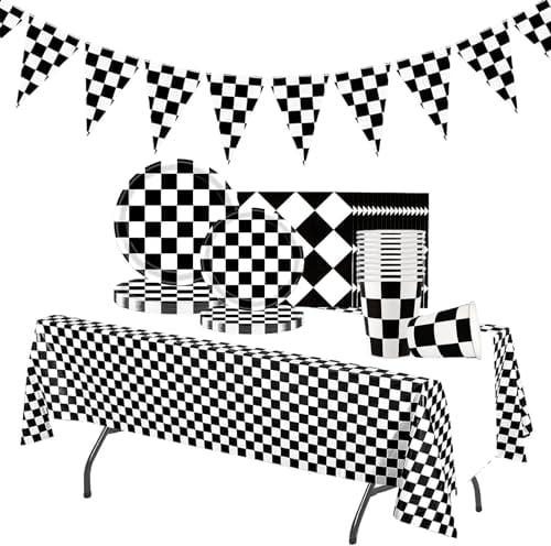 Rennwagen Partygeschirr Set,52 Stück Schwarz Und Weiß Karierte Tischdeko Pappteller Becher, Servietten, Tischdecke und Schwarz Und Weiß Karierte Flagge Set für Geburtstag Racing Car Theme Party