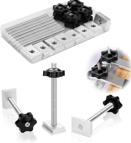 SWTYExt 24 Stück T Schiene Gleitmuttern M8 mit Edelstahl T Schraube M8x100mm Sterngriffschraube M8 Kunststoffgriff Klemmknopf Nutensteine T Nut Muttern Kit für Holzbearbeitung Maschinenbaumöbeln