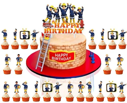 25 Stück Feuerwehrmann Tortendeko Feuerwehr, Kuchen DekoTopper, Cartoon Torte Topper Set, Karikatur Cupcake Topper Feuerwehrmann, Kuchendeko Geburtstag Party Supplies für Kinder