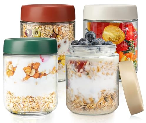 HIYAA Overnight Oats Gläser, 4er-Pack 500ml Einmachgläser mit Auslaufsicher Schraubdeckel für Overnight Oats,Joghurt,Pudding,Marmelade