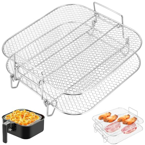 Air Fryer Rack, 304 Stainless Steel Air Fryer Double Layer Rack Air Fryer Basket Grill Rack Dehydrator Rack for 7.5L-8L Square Air Fryer Accessories, 20×20×9CM