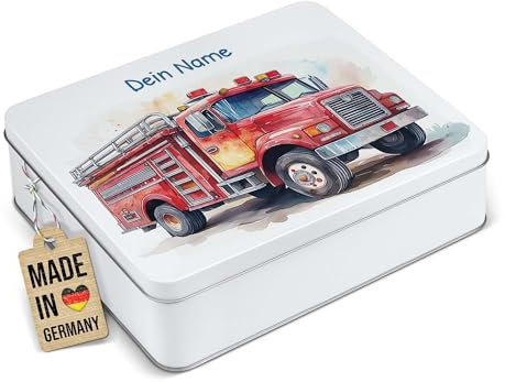PR Print Royal Erinnerungsbox für Kinder mit Name - Feuerwehr - Blechdose bedrucken, Geschenkdose - Kindergeschenke, Geschenke für Kinder | Rechteckig weiß, 1500 ml