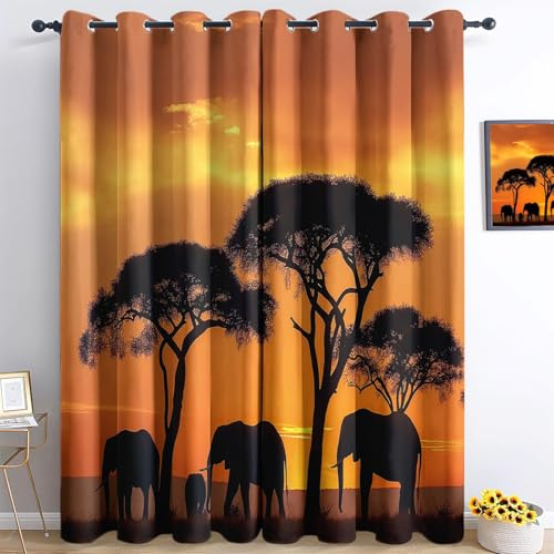 XCQHZYQ Verdunklungsvorhänge 2er Set mit Ösen, Blickdichte Gardinen Schalldämmend Lärmschutzvorhang für Kinderzimmer Wohnzimmer Gardinen Afrika Tierwelt Elefant, H 160 x B 132 cm