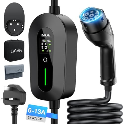 EzGoGo EV Charger Cable Type 2 to 3 Pin Plug 32.81Ft/10M Electric Car Charger 3kW, [6/8/10/13A] Type 2 Charging Cable 3 Pin EV Charger IP65 Advanced Protection Suitable for EVs & PHEVs
