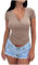 T Shirt Femme Coupe Slim Tshirt à Manches Courtes Été Tee Shirt Cache-Coeur Mode Col en V Plissée T-Shirts Décontracté Couleur Unie Hauts D'été
