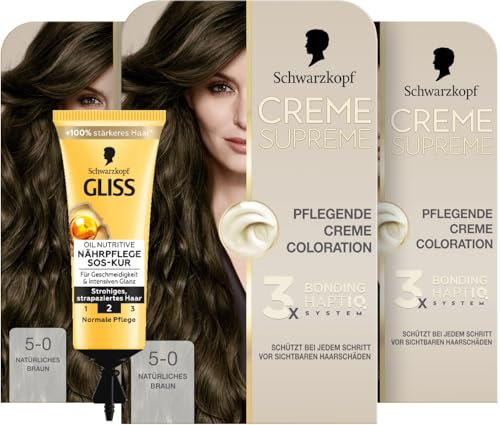 Schwarzkopf Creme Supreme Coloration 5-0 Natürliches Braun (3x 182 ml), dauerhafte Haarfarbe mit Serum und Haar-Maske & SOS-Intensiv-Kur Oil Nutritive (15 ml) für intensive Reparatur
