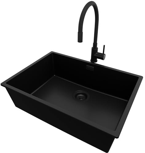 PRIMAGRAN Fregadero Granito Todo Negro 66x47cm, Cocina 1 Seno + Grifo 40x38cm + Sifón, Sobre encimera al mueble 70cm - London Slim S240