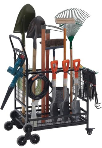 BHKERUZ Organiseur d'outils de Jardin,Compartiments, Porte-Outils de Garage en métal sur roulettes pour sécateurs, pelles, râteaux,XL