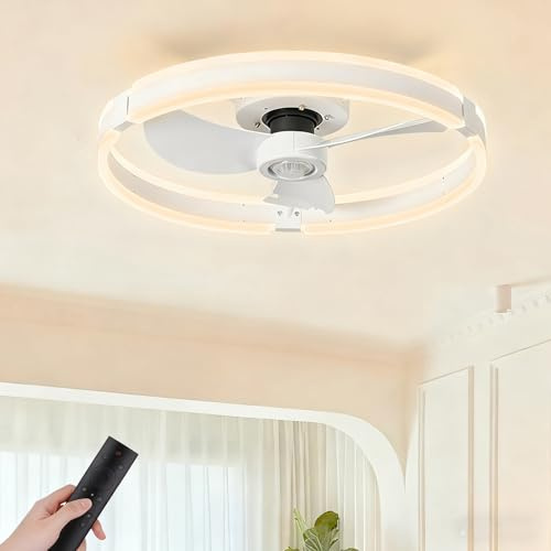 Ppeng 50cm Modern Ceiling Fan with Lights and Remote,Smart App Control,Dimmable LED Lighting，Reversible Fan,6 Quiet Speeds,Bedroom Living Room Wall Ceiling Plug-in Lamp (White)