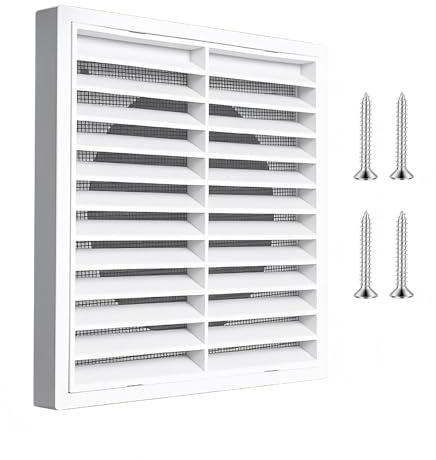 Louvred Wall Vent Grille 176mm, Round Rear Spigot 150mm with Metal Fly Screen Exterior Air Vent Cover for Bathroom and Kitchen Extractor Fans (White)