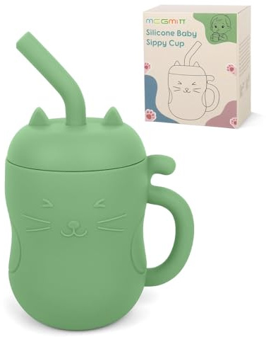 MCGMITT Bicchiere Neonato Silicone 2 in 1, Tazza Bambini con Cannuccia e Bicchiere Aperto, Design Gatto Antigoccia, BPA Free, 150 ml, per Svezzamento 6+ Mesi (Verde)