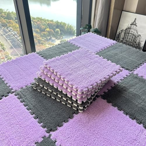Packung mit 10 ineinandergreifenden Puzzle-Fußmatten aus Plüschschaum, 30 x 30 x 1 cm, Mehrfarbig(Grey Purple)